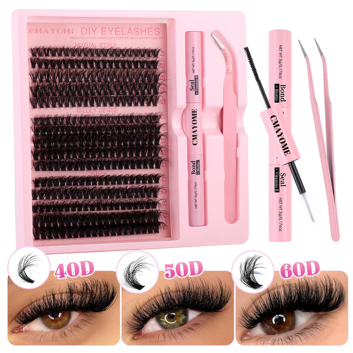 DIY false eyelash extension suit with cluster lashes and tweezers