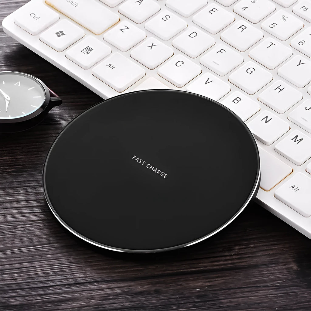 Ultra-thin square wireless charging pad in black, red, white, or yellow colour, showing slim 6.5mm profile.