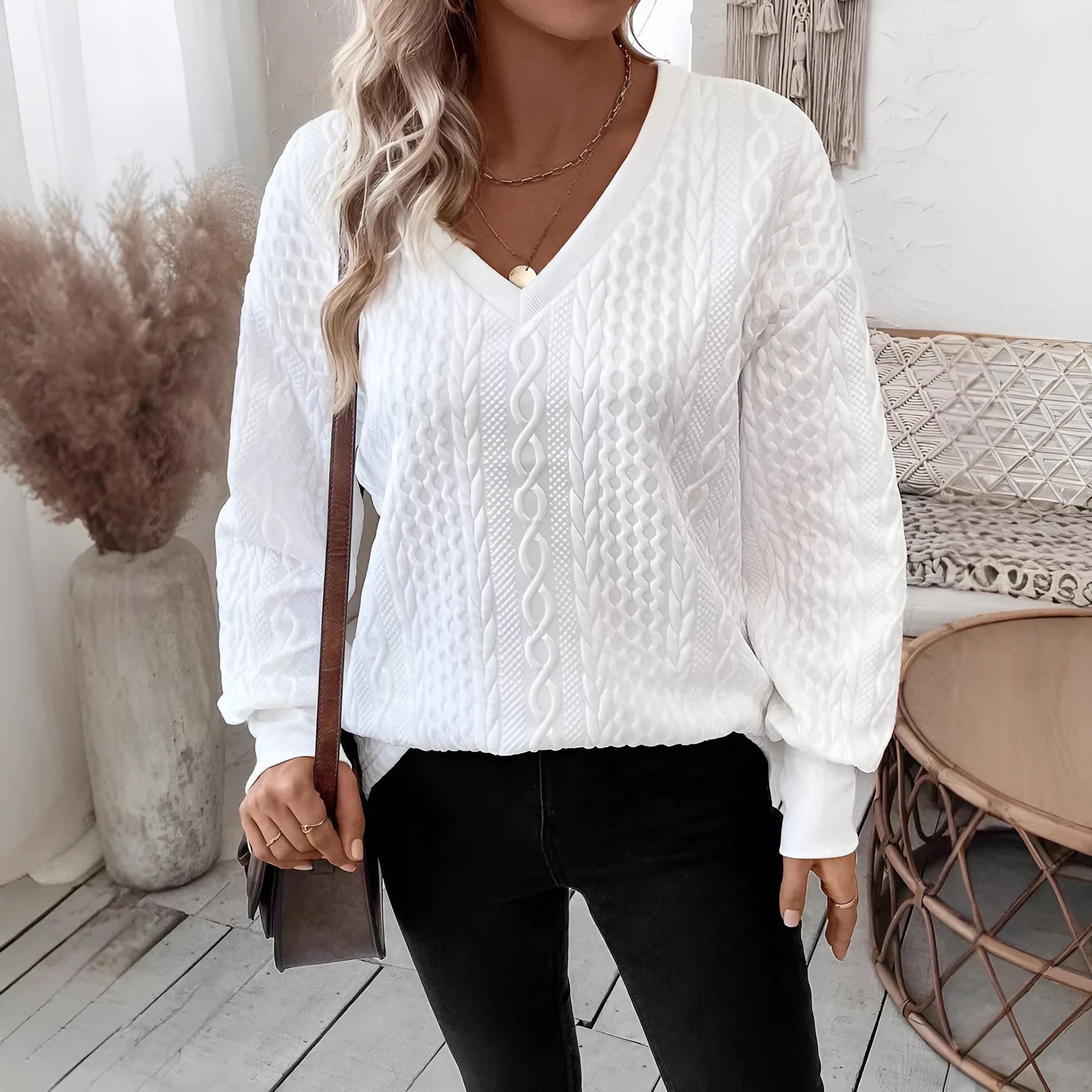 Milky white loose fit long sleeve t-shirt with 3D pattern detail and Japanese Korean styling
