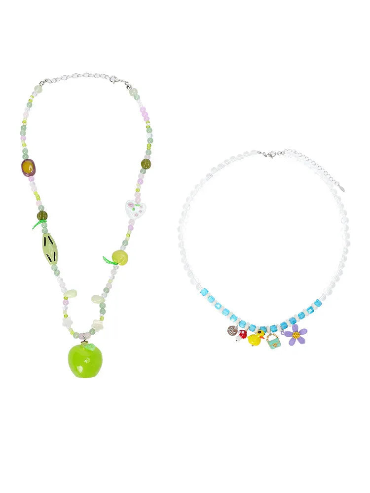 Colorful pendant beaded necklace with resin flowers and crystal on alloy chain in green apple green option