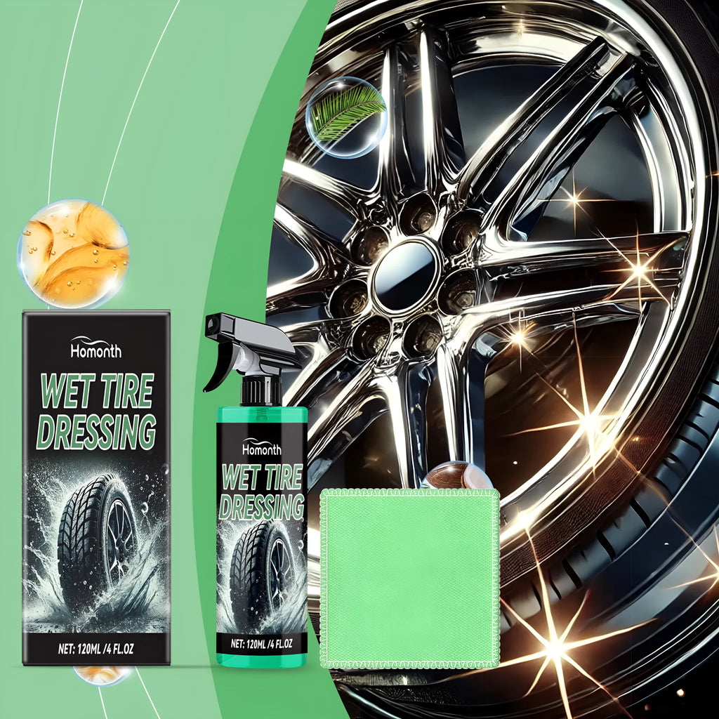 120ml car tyre protective agent bottle 7.3 x 11cm with green towel 20 x 20cm for tyre cleaning and polishing