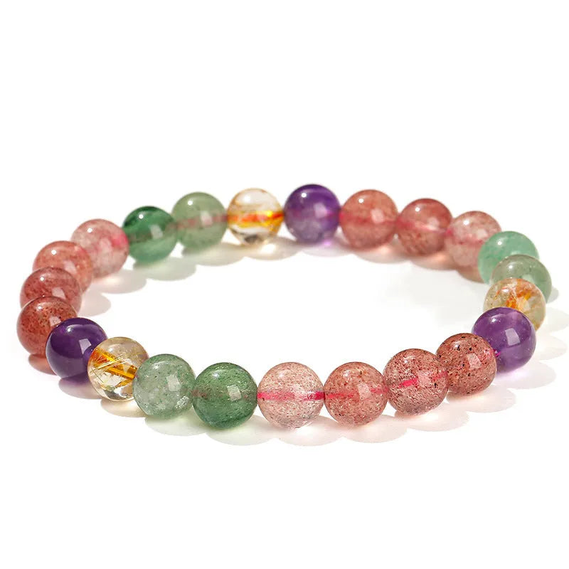 Natural tourmaline colour strawberry quartz bracelet with round geometric beads.
