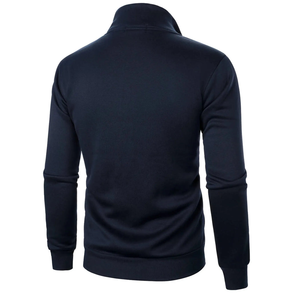 Men's black stand collar fleece-lined zipper cardigan with threaded cuffs, slim fit, long sleeves, winter sweatshirt style