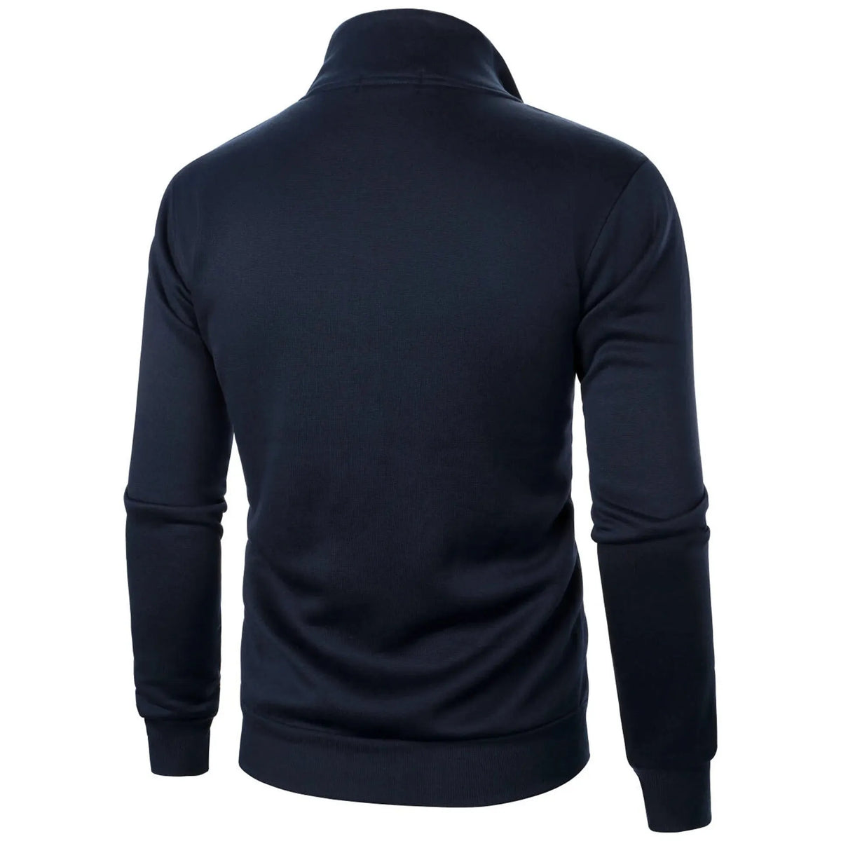 Men's black stand collar fleece-lined zipper cardigan with threaded cuffs, slim fit, long sleeves, winter sweatshirt style