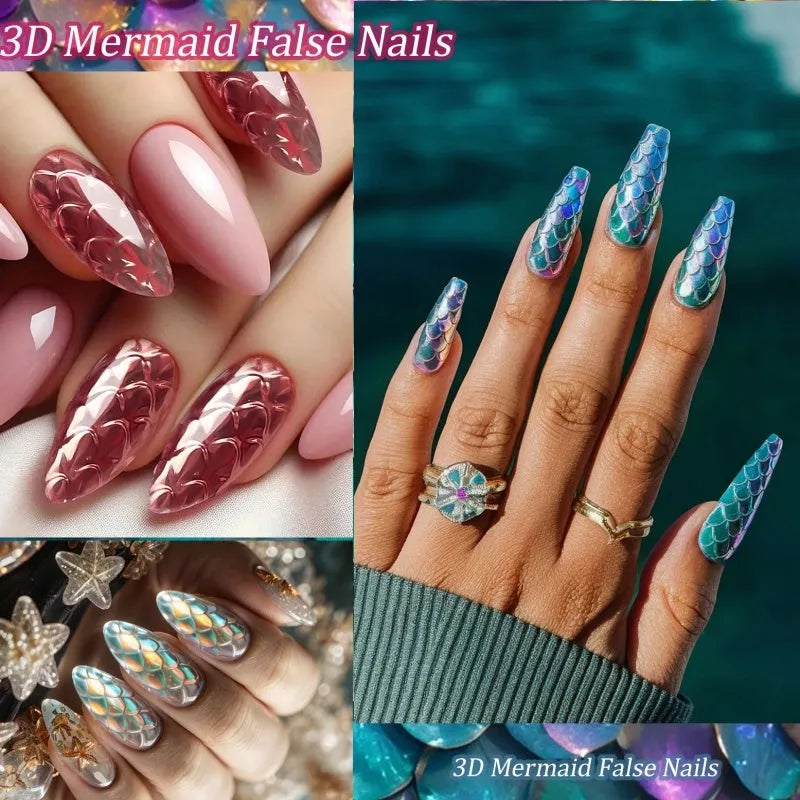 3D scale long shaping nail tips in multiple colour sets for professional nail extensions