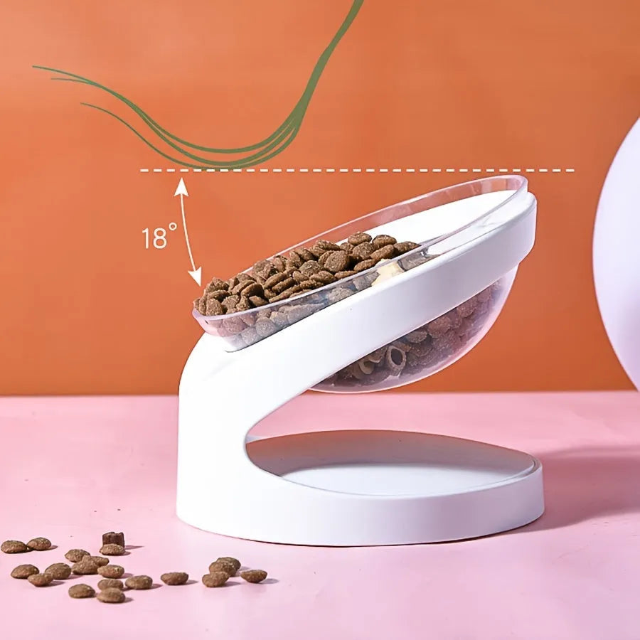 White elevated plastic cat food bowl with a tilted feeding surface for neck protection.