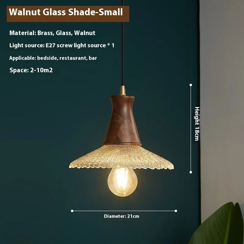 Retro wooden chandelier with brass electroplated finish and glass shade in three size options