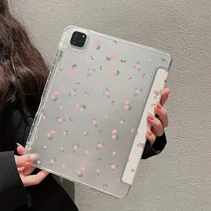 Transparent floral tri-fold tablet case for iPad showing magnetic stand position