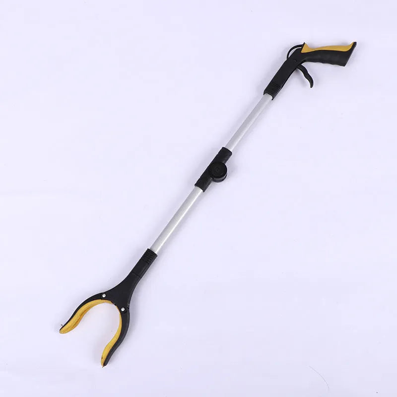 Foldable silver aluminium garbage clamp with blue handle, shown extended and with magnet sucker.
