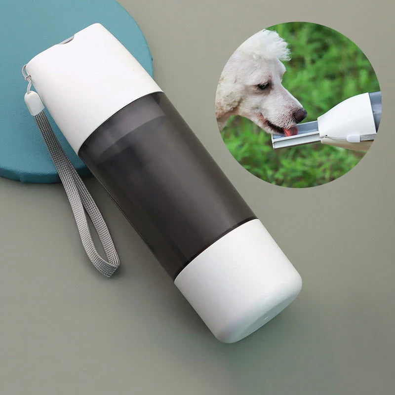 Portable pet water bottle with food compartment, made of durable ABS material and silicone seal for leak-proof use