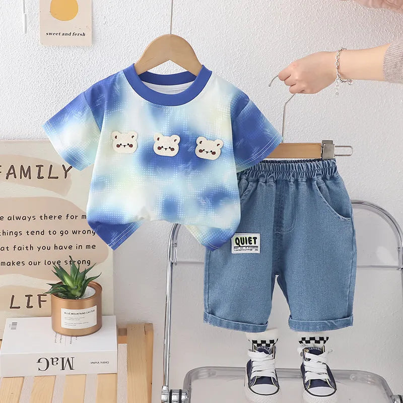 Baby suit three bear short sleeve two-piece set in cotton green colour for 80-130cm height