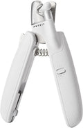 White LED pet nail clippers with a transparent anti-splash guard and an integrated nail file on a grey background.