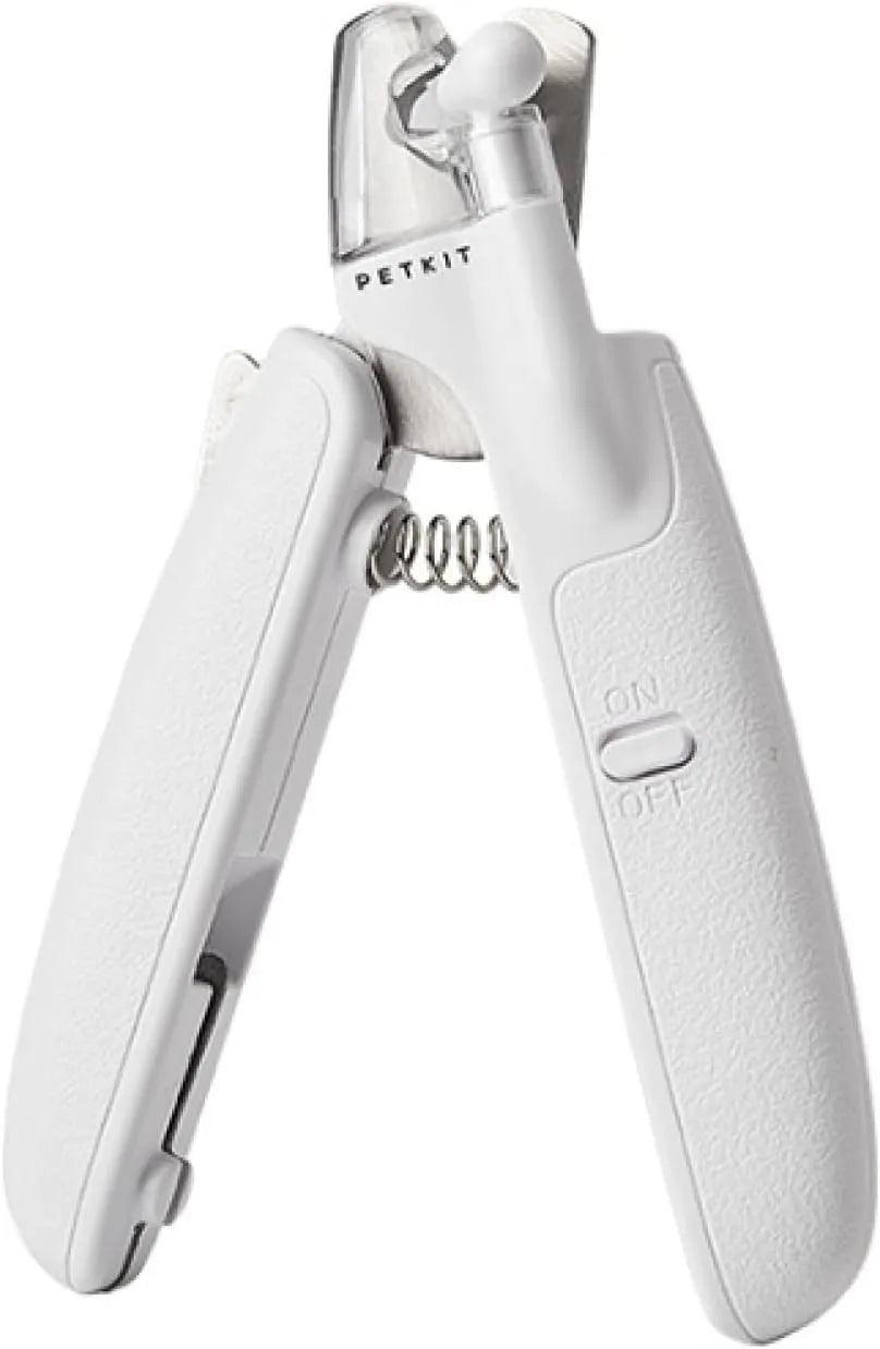 White LED pet nail clippers with a transparent anti-splash guard and an integrated nail file on a grey background.
