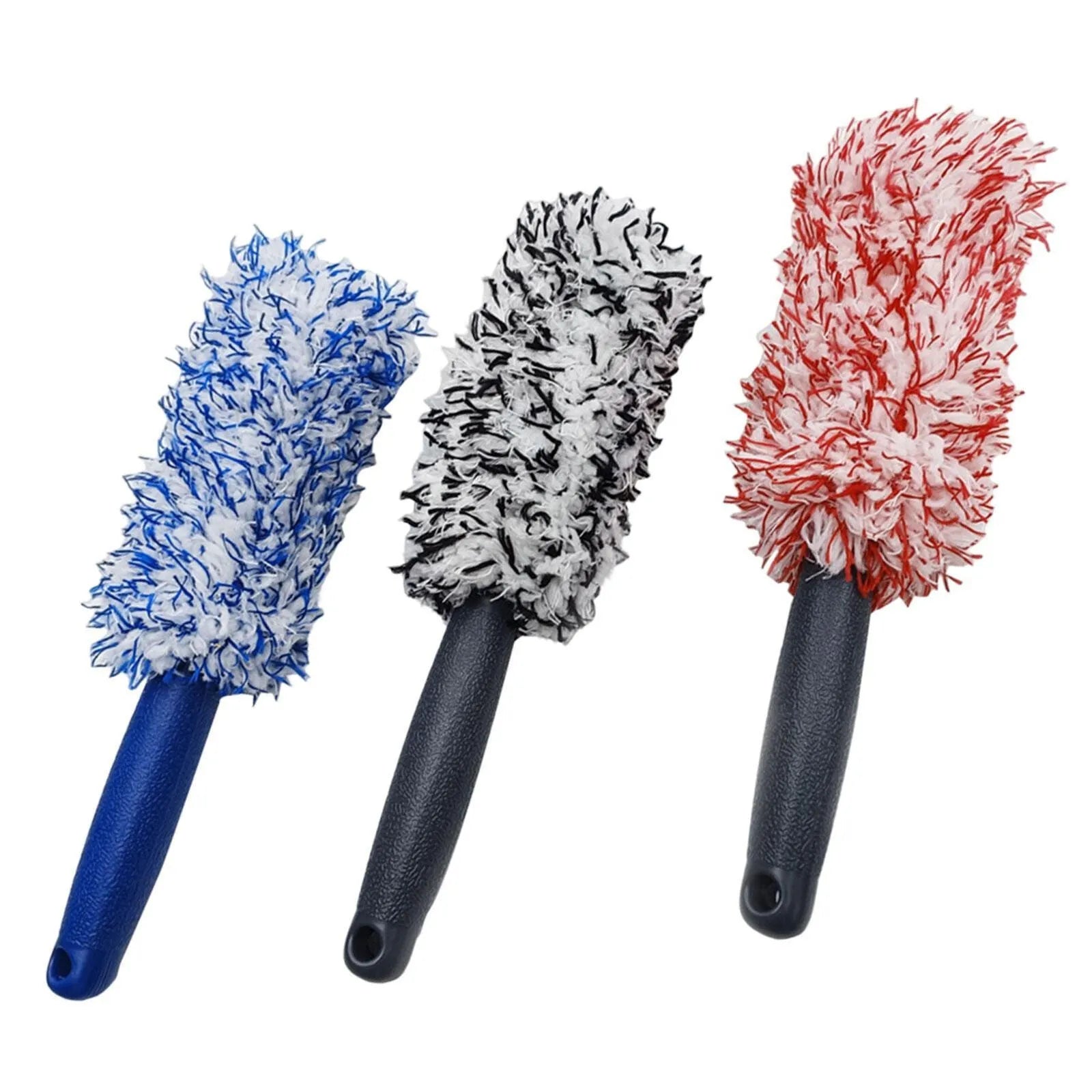 Long handled car wash brush with blue ultra-fine fibre head for cleaning wheels and body panels.