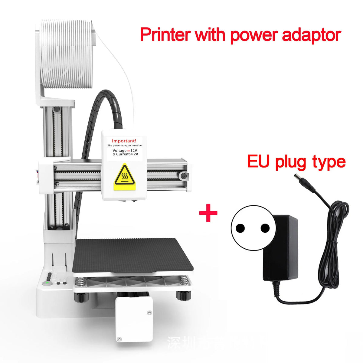 White EasyThreed K10 3D printer on a desktop with power cord and manual.