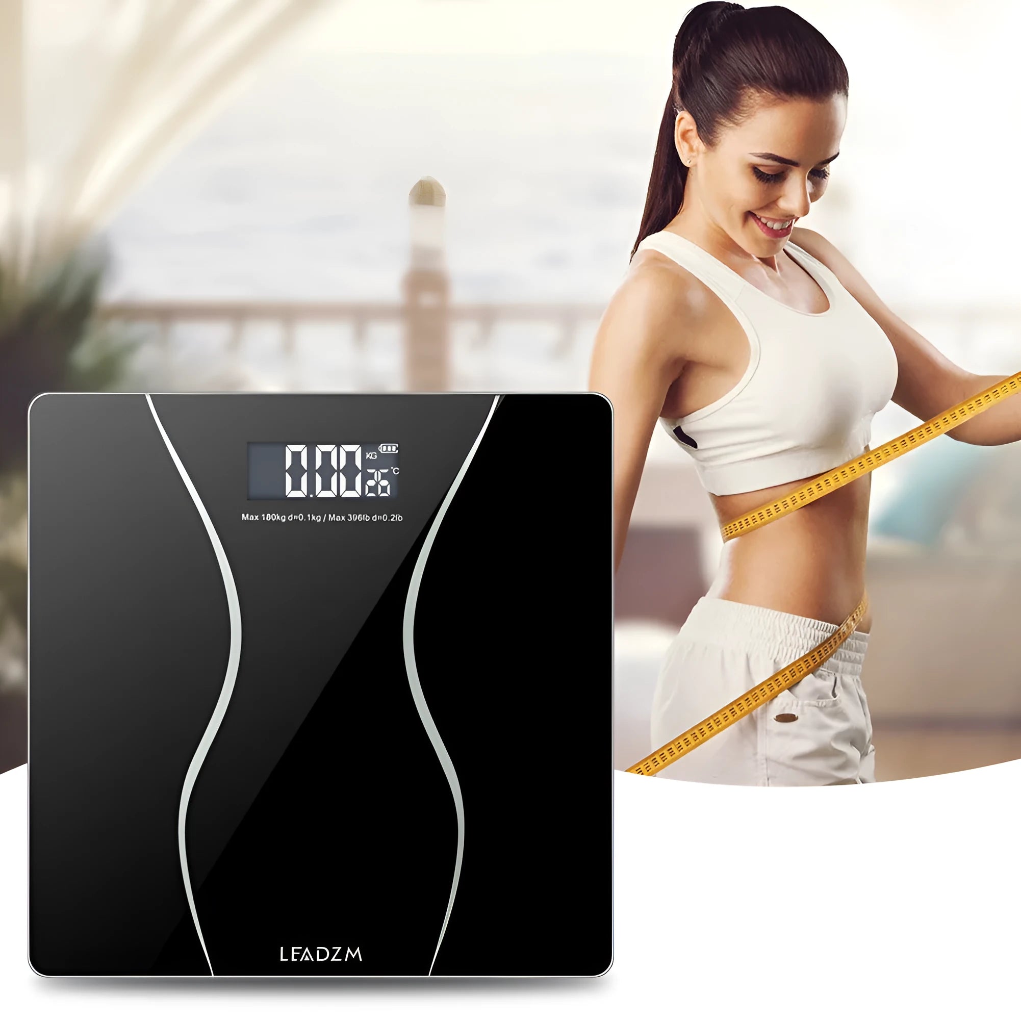 Black electronic bathroom scale with digital display for weight measurement up to 180 kg