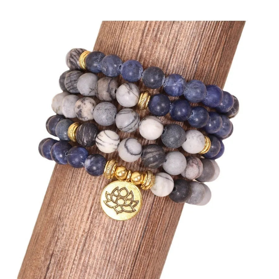 Blue patterned network stone beads on multi-layer alloy bracelet