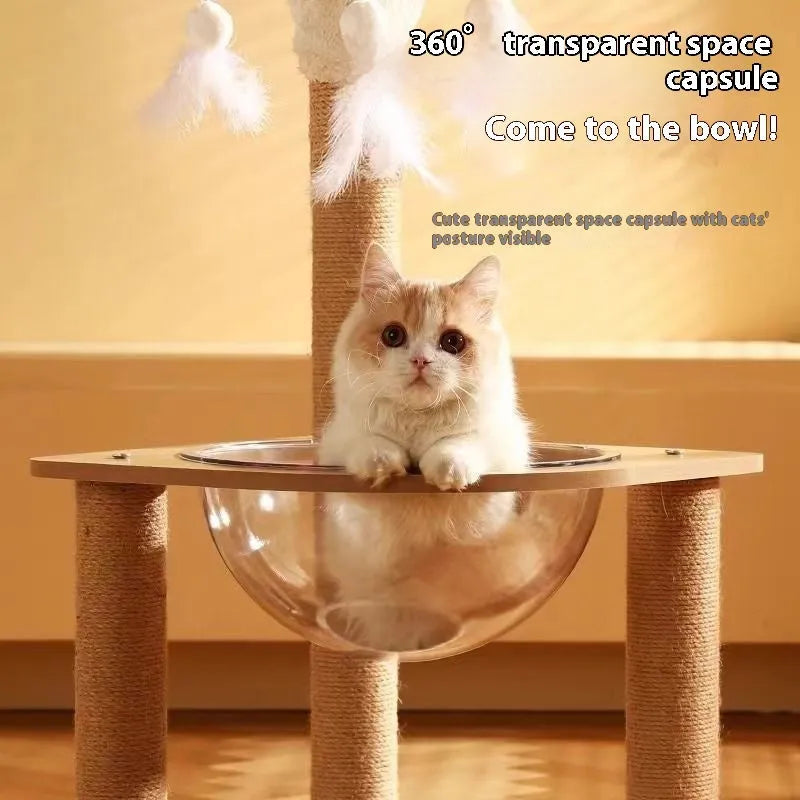 Wood colour cat climbing frame with integrated space capsule for indoor feline activities