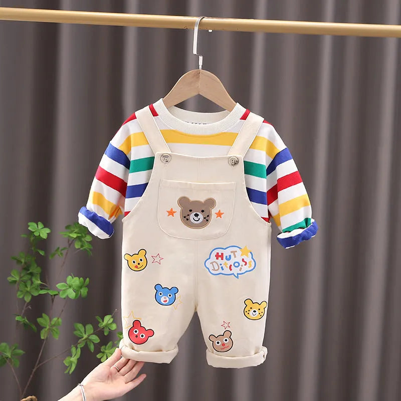 Boys' yellow beige plaid cotton overalls suit with button-up shirt and strap trousers