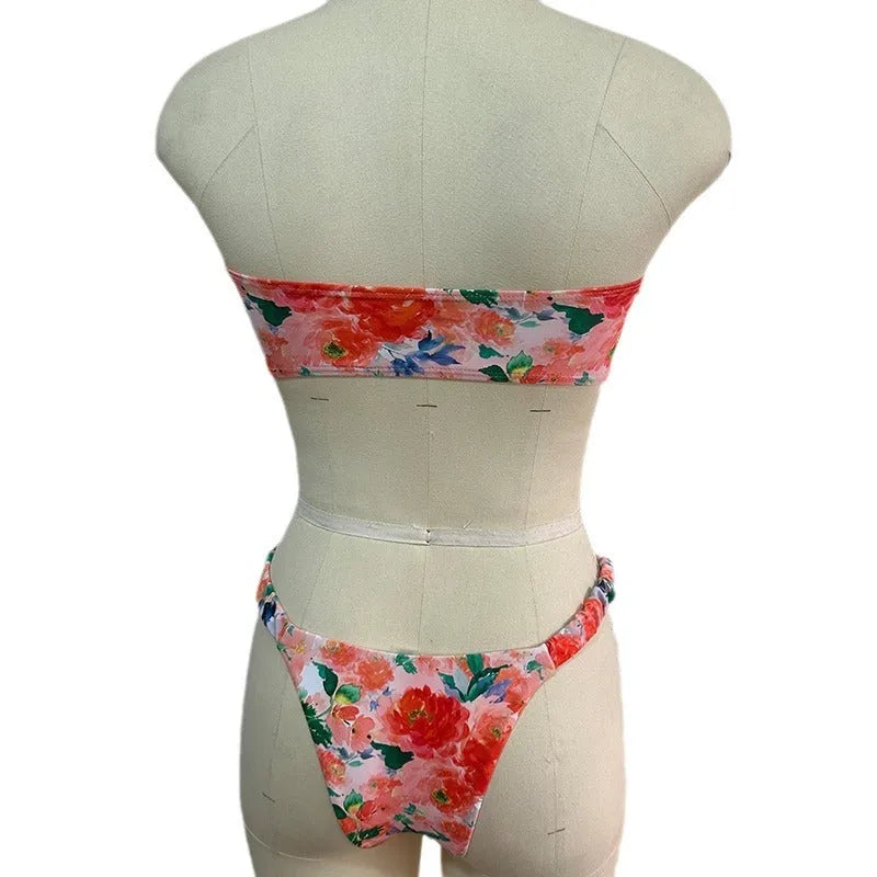 Women's lace print bikini set in blue, pink, yellow, or multicolour floral patterns, sizes S M L.
