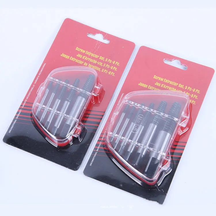 6 piece broken wire extractor set black metal plastic nail puller tools on white background