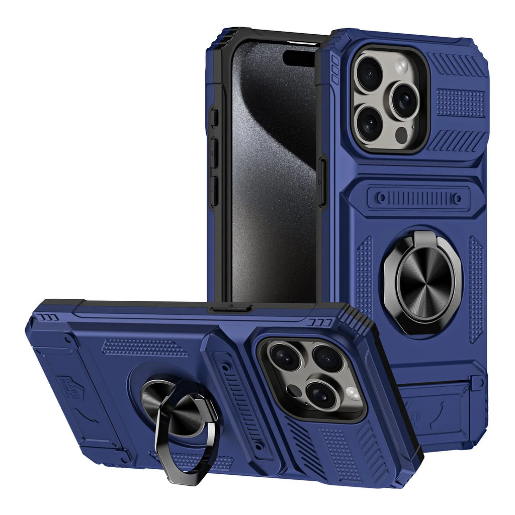 Drop-resistant phone case with hidden card slot and built-in bracket in black for iPhone
