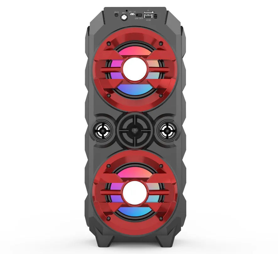 Blue portable Bluetooth speaker with colour LED lights and pull rod handle for carrying