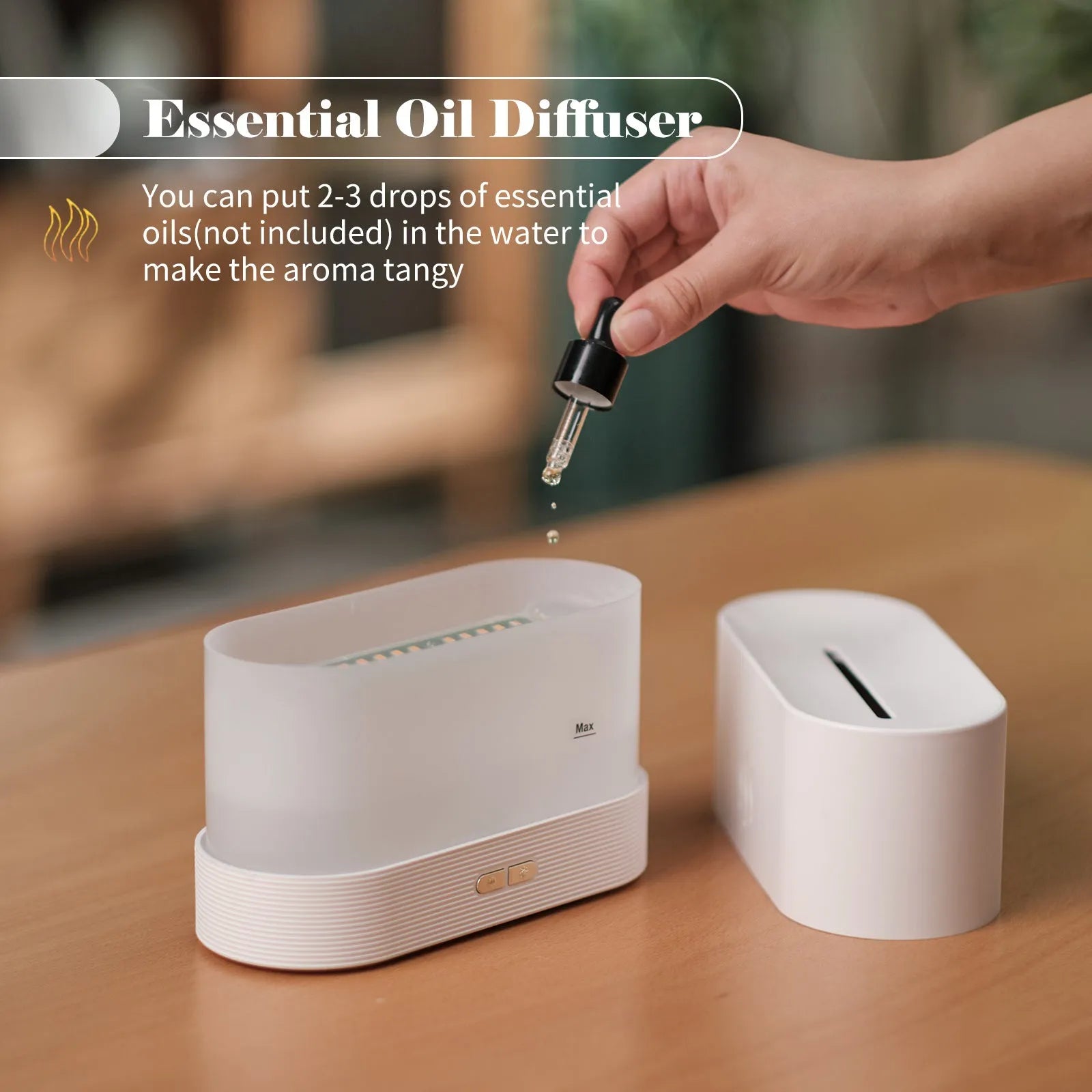 Black square ultrasonic aroma diffuser with flame effect LED light and mist output