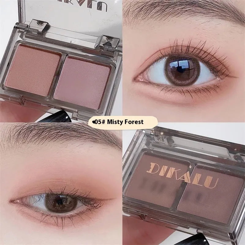 Cool two-tone eyeshadow plate showing five colour combinations including pink and black matte shimmer shades