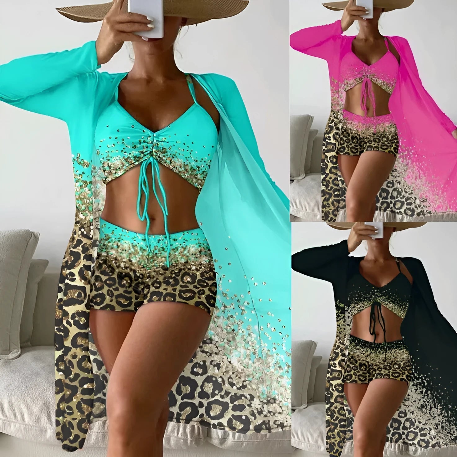 Women's polyester swimsuit set showing sleeveless top and briefs style bottom with matching coat