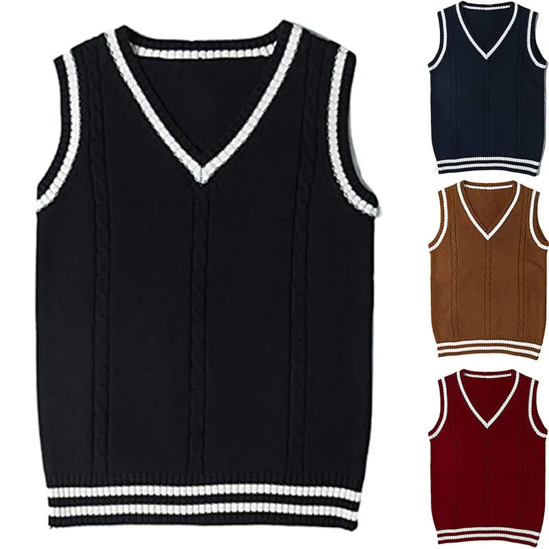 Women's slim fit acrylic V-neck waistcoat sweater with striped stitching in various colours.