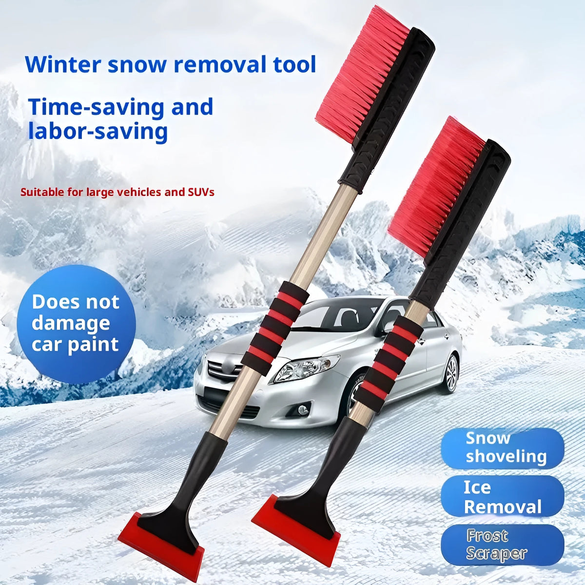 Car alloy snow shovel windshield scraper with double-headed design, telescopic or straight handle, Metal Multifunctional colour