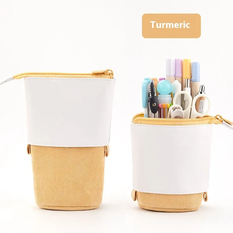 Korean style telescopic drop-down stationery case in coloured PU corduroy on a cotton and linen base.