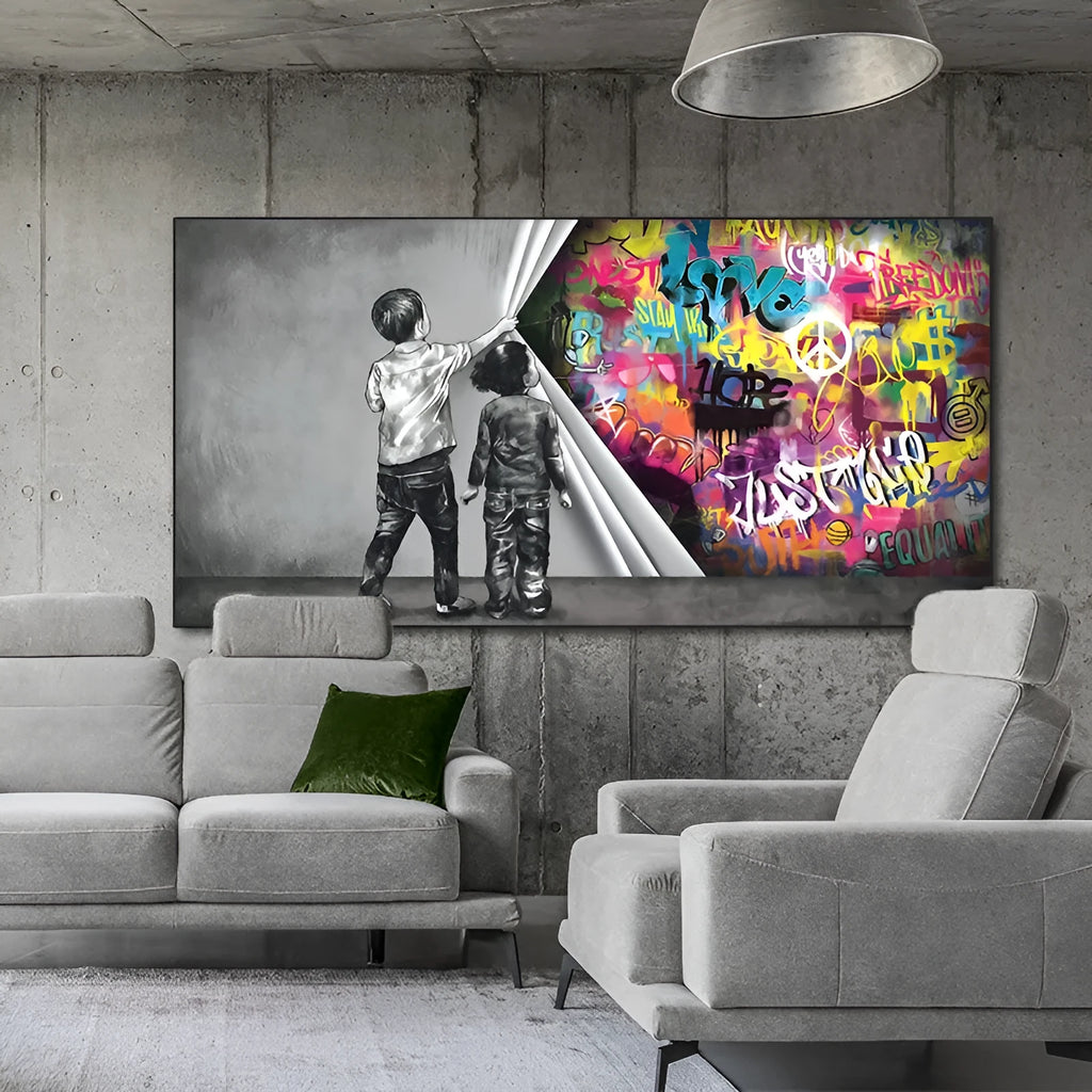 Frameless children's graffiti canvas print, abstract modern wall art, 20x40cm to 70x140cm