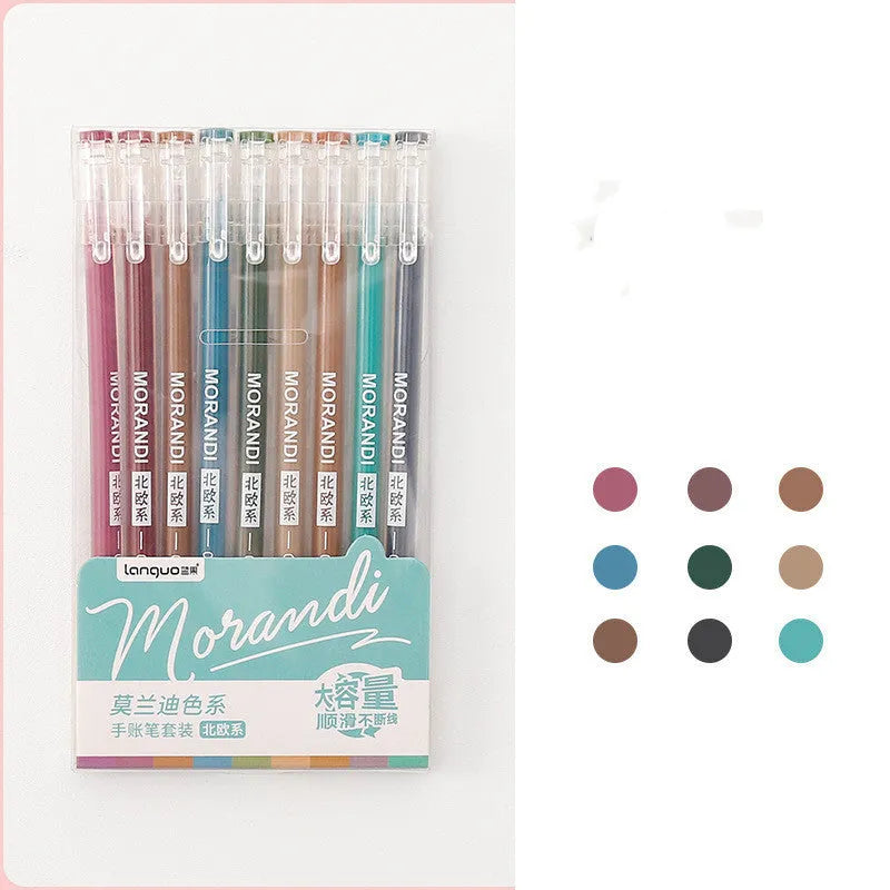 Set of nine solid colour gel pens with 0.5mm needle tips for student notes and journaling