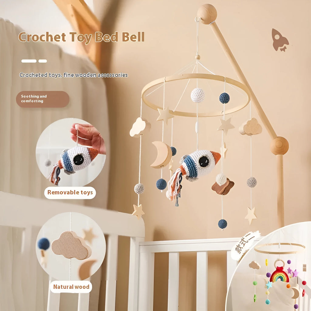 Wooden baby car hanging wind chime with crochet bed bell in moon, rainbow, sun or rocket options