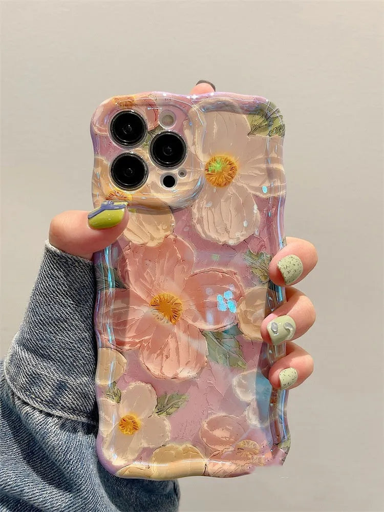 TPU oil painting flower phone case for Apple iPhone 14-16 series, green background design