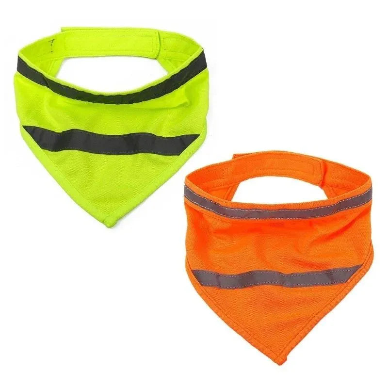 Orange and yellow reflective dog bandana with adhesive strap for night walk safety in three sizes