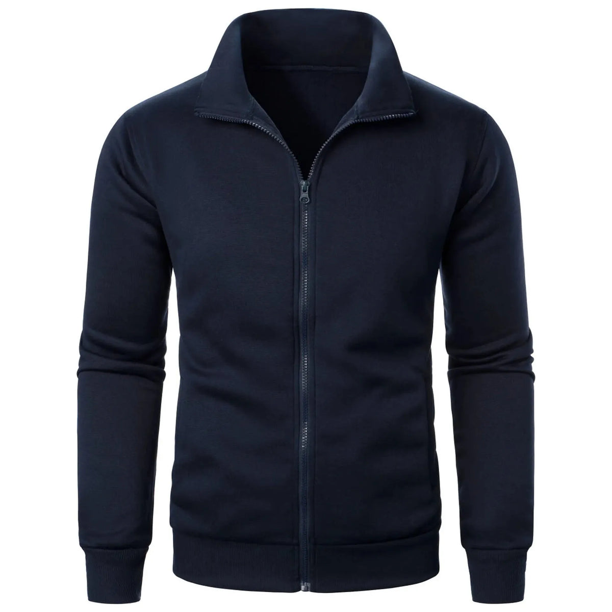 Men's black stand collar fleece-lined zipper cardigan with threaded cuffs, slim fit, long sleeves, winter sweatshirt style