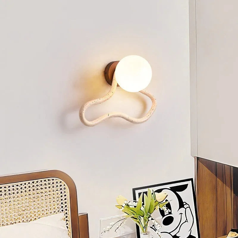 Middle Ancient cream style bedroom wall lamp with white travertine glass lampshade and solid wood base