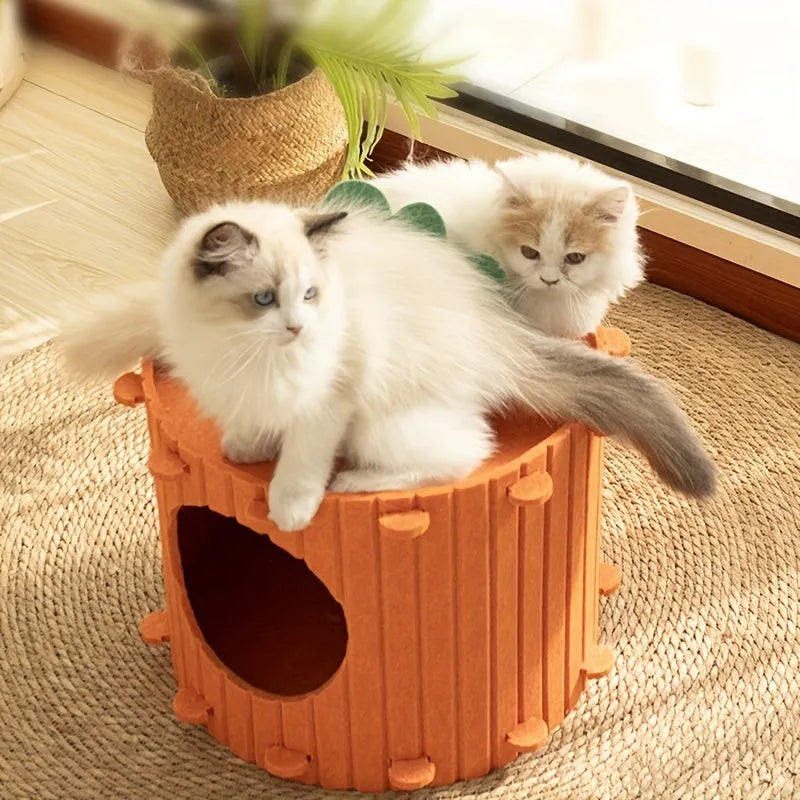 Orange felt carrot-shaped cat nest with a round tunnel entrance, shown in medium and large sizes.