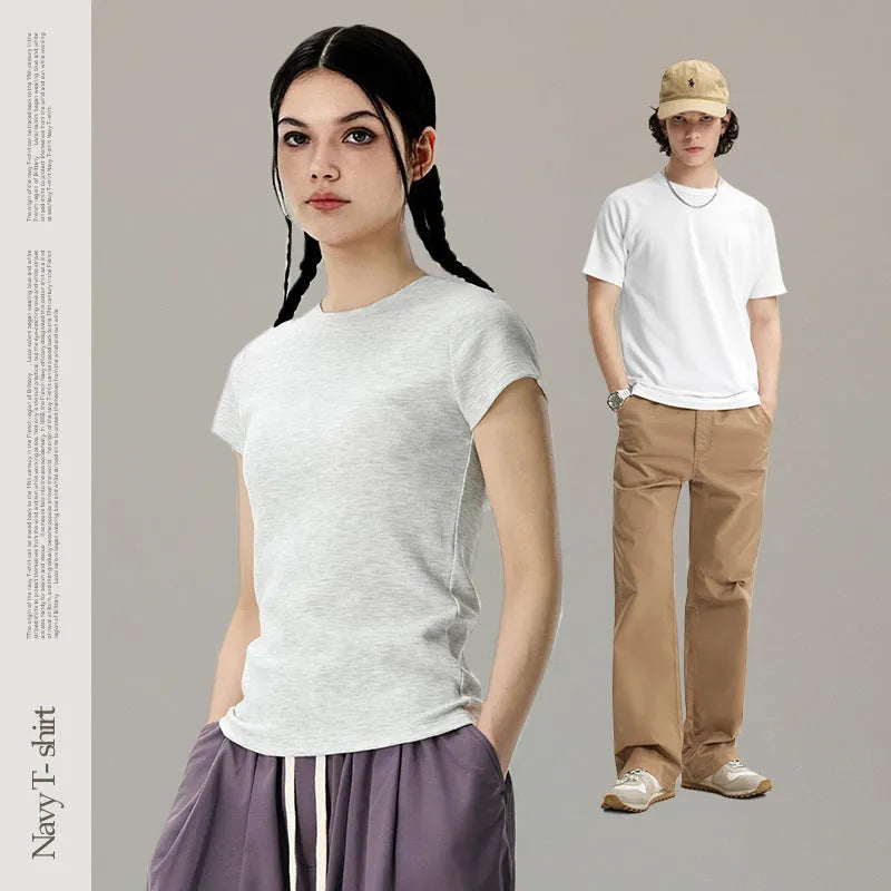Slim fit navy stretch t-shirt vest for men and women with short sleeves.