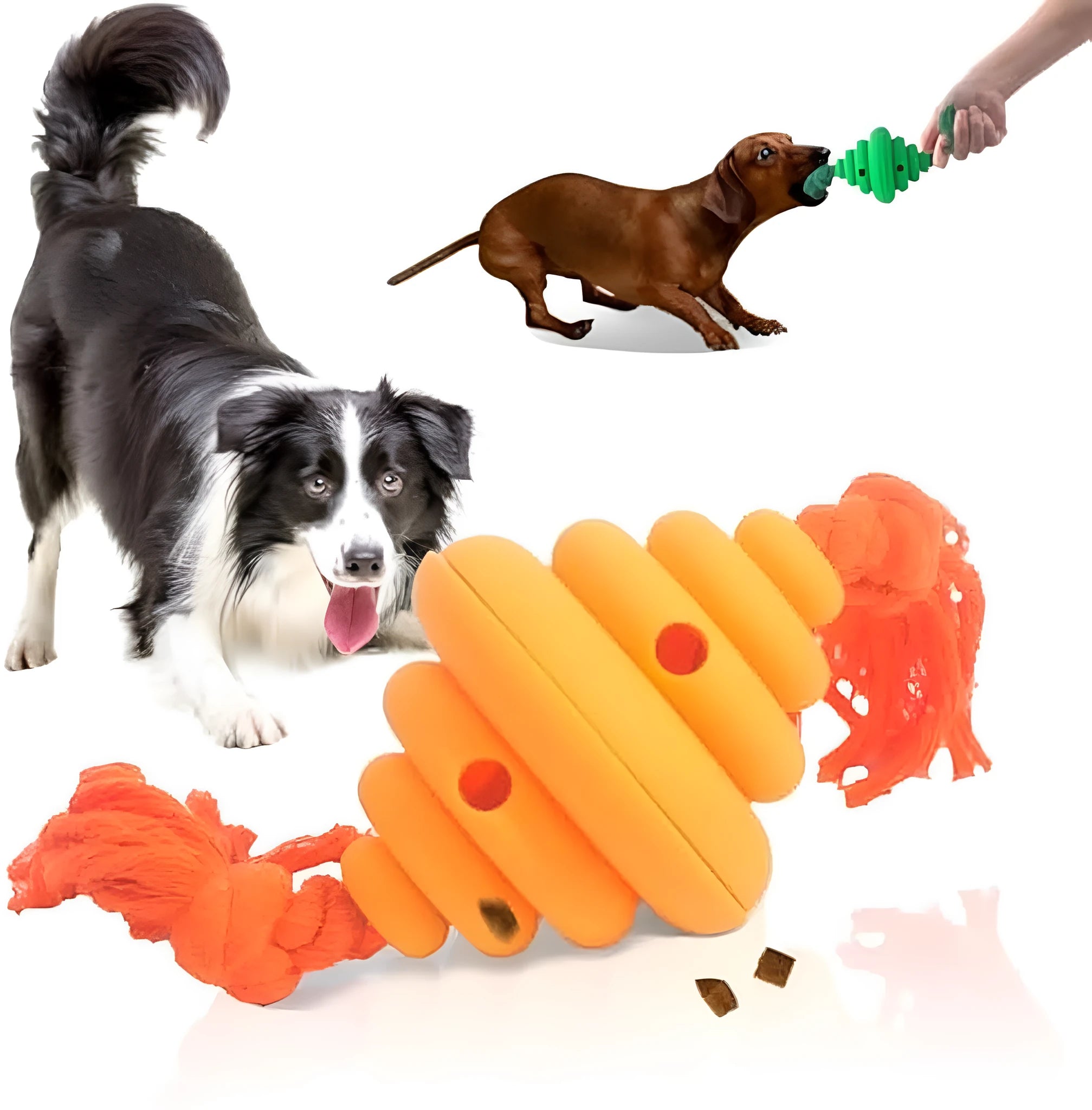 Green and yellow silicone dog ball with integrated rope, shown as a treat-dispensing and tug toy.