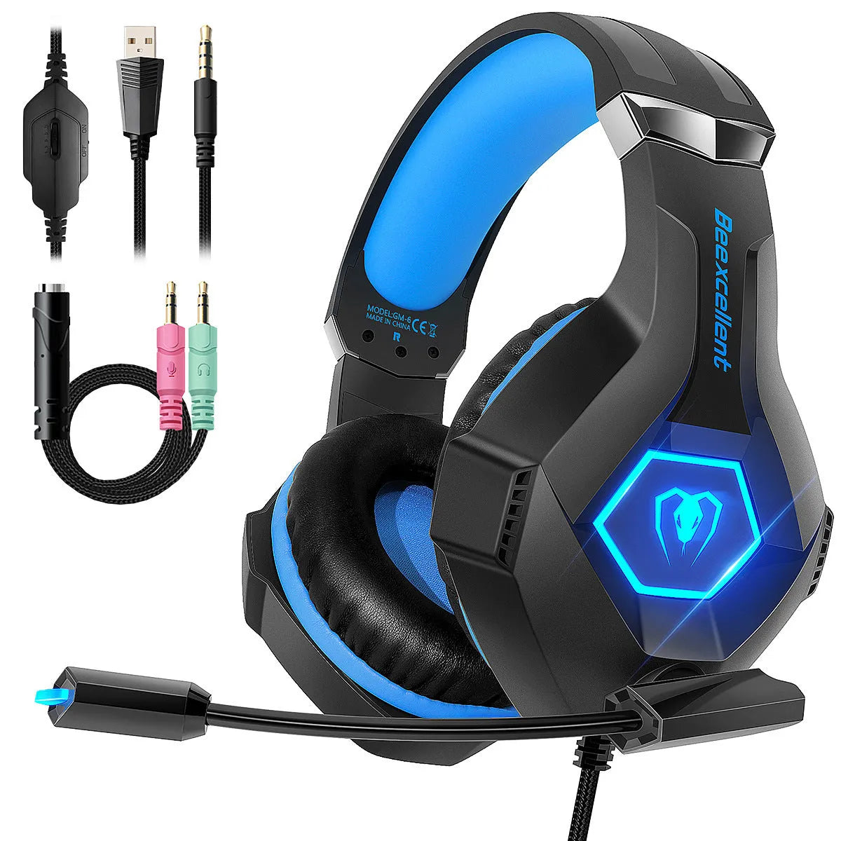 Gaming headset with microphone, LED lighting, available in black with blue, red or white colour options