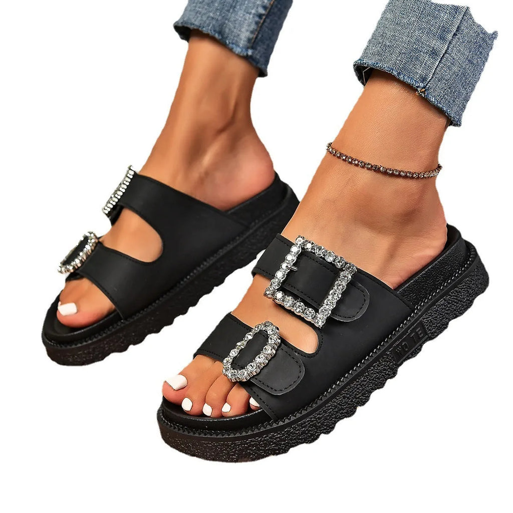 Rhinestone belt buckle platform sandals with round toe, PU upper, and rubber sole in black and white colours