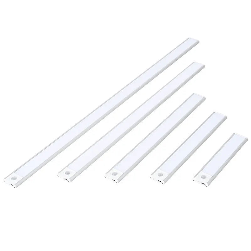 Thin rechargeable human body sensing light bar with aluminium alloy lampshade, silver or black trichrome, 20cm to 80cm.