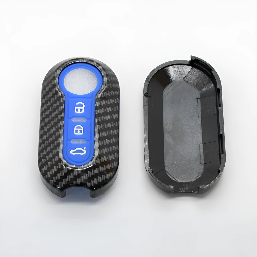 Fiat 500 Boyue Ottimo Viaggio carbon fibre pattern key shell in black, red and dark blue colours