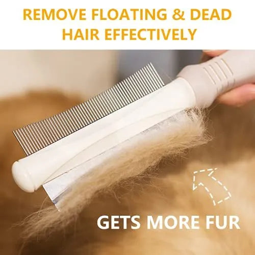 White 2 in 1 dog and cat deshedding brush with double-sided grooming comb and ergonomic handle.