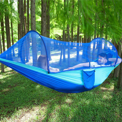 Premium 210T nylon outdoor hammock with mosquito net, featuring a quick pop-up design for easy setup and versatile use in various outdoor settings.