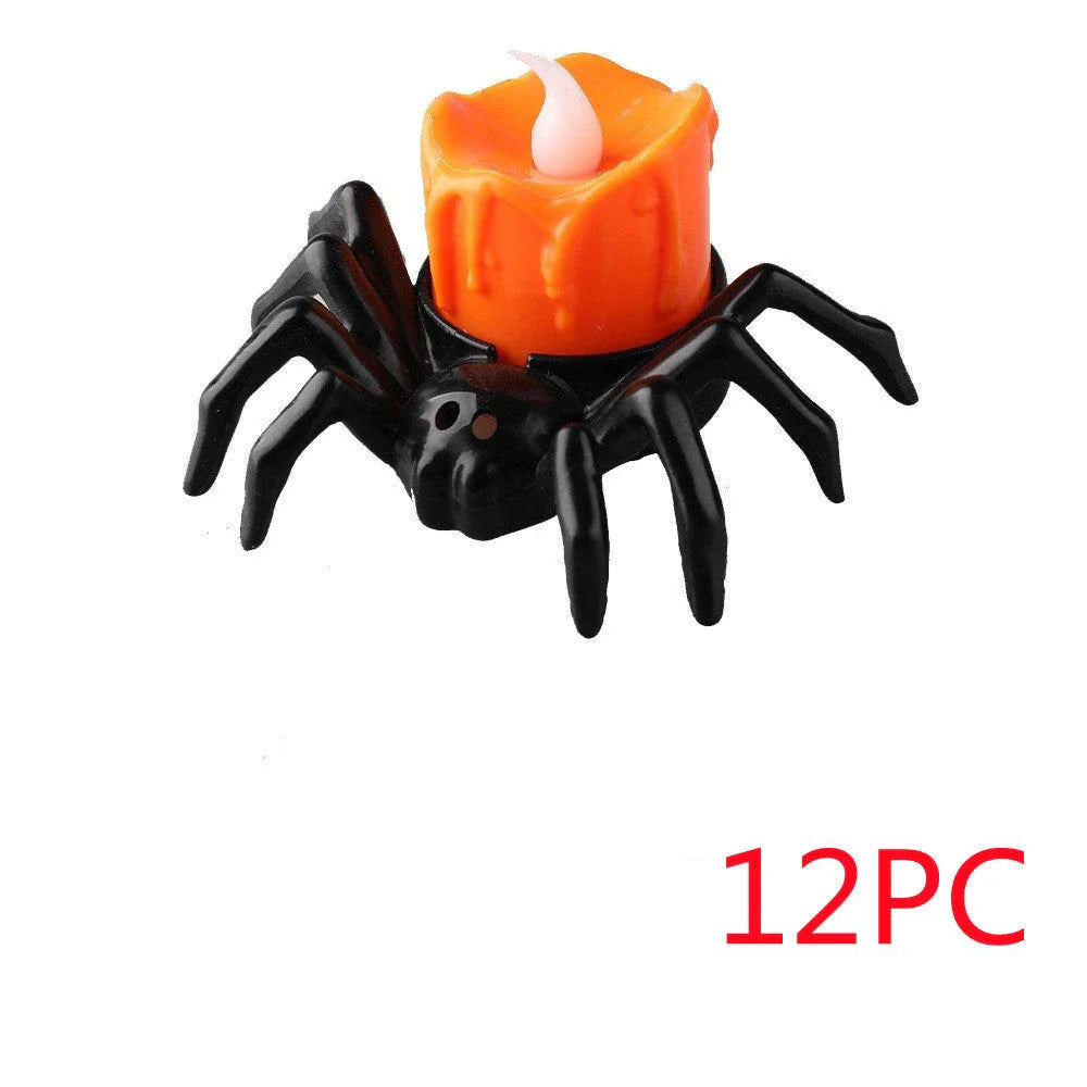 Spooky spider-themed candle holders with flickering flame effect for Halloween decor